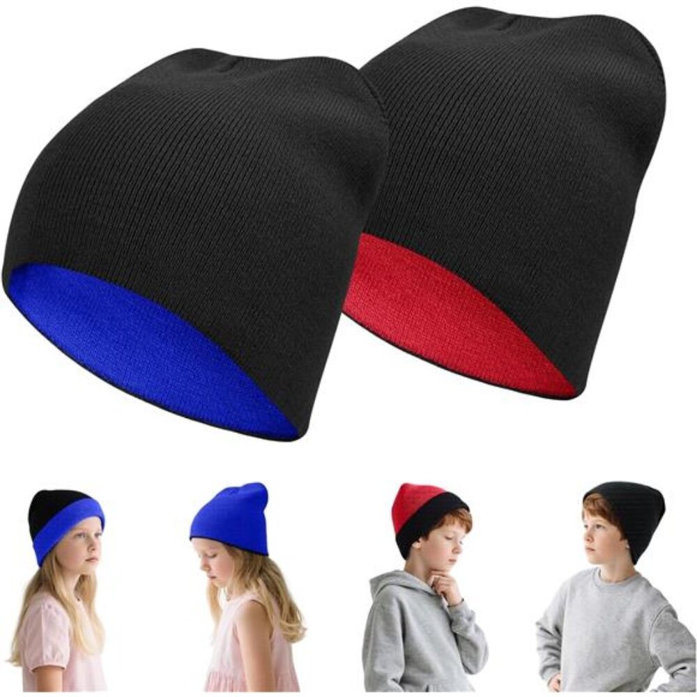2 Pack Kids Knit Beanie Boys Girls Beanies- Kids Winter Reversible Beanie Hats - Picture 1 of 5